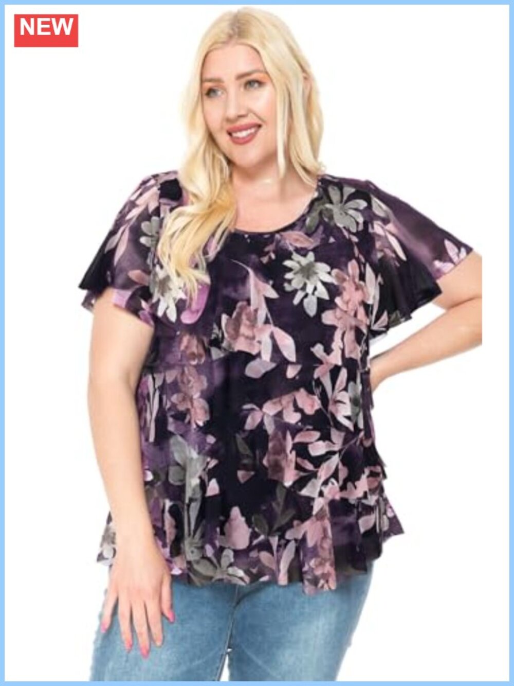 Women's Printed Mesh Ruffle Blouse Floral Asymmetric Scoop Neck